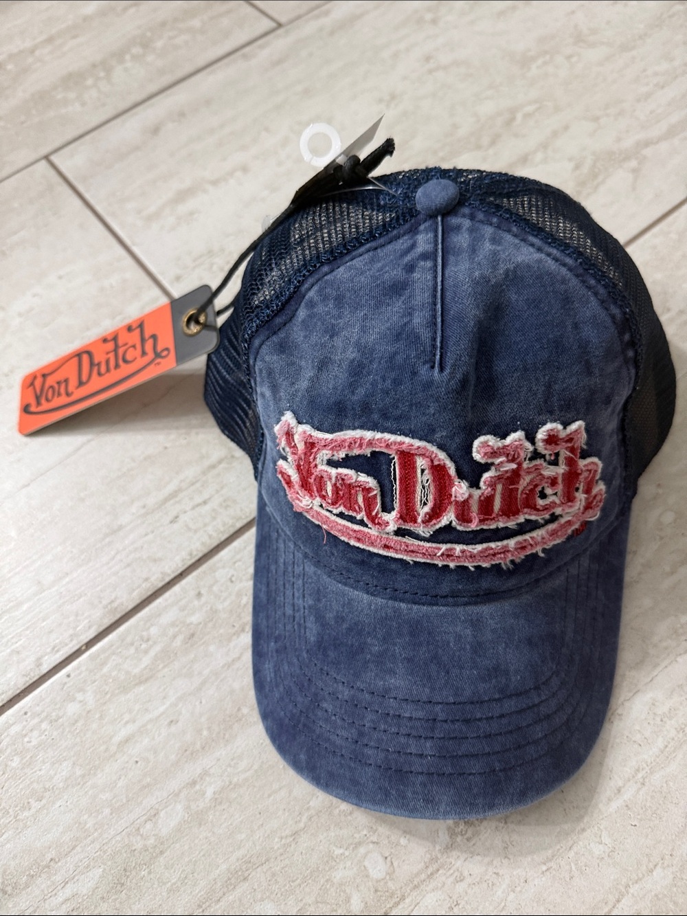 Von Dutch Navy Blue Mesh Trucker Hat with Distressed Red Patch..NWT..unisex